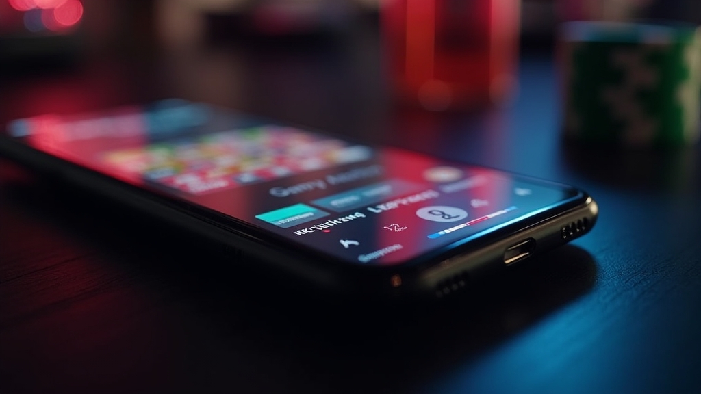 Smartphone met snelle mobiele casinopagina en neonverlichting in een donkere ruimte
