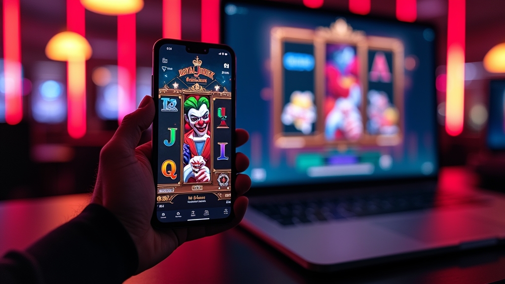 De Royal Joker demo op smartphone en desktop naast elkaar in een donkere casino-opstelling