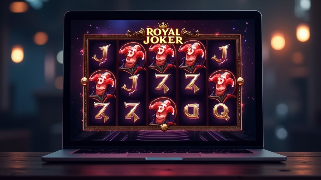 Browser scherm met de Royal Joker demo en draaiende rollen in een donkere casino-sfeer