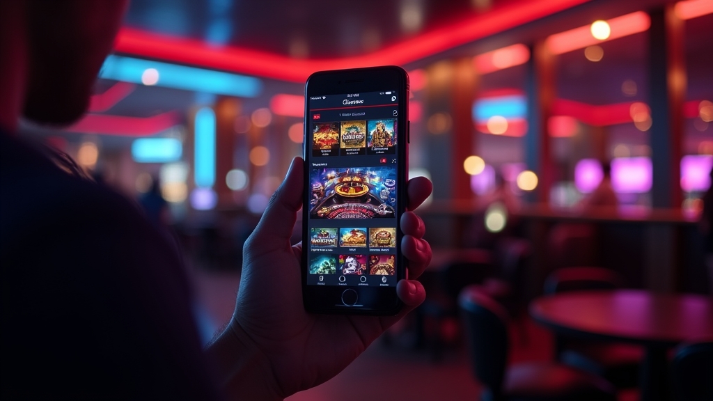 Hand met smartphone in een casino-omgeving met de mobiele Royal Joker app op het scherm