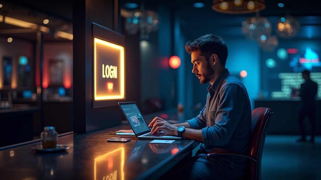 Donkere casinopagina met loginvenster op laptop en neonverlichting